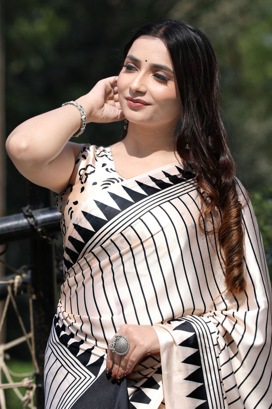 Chic Cream & Black Geometric Saree Japan Satin with Digital Print