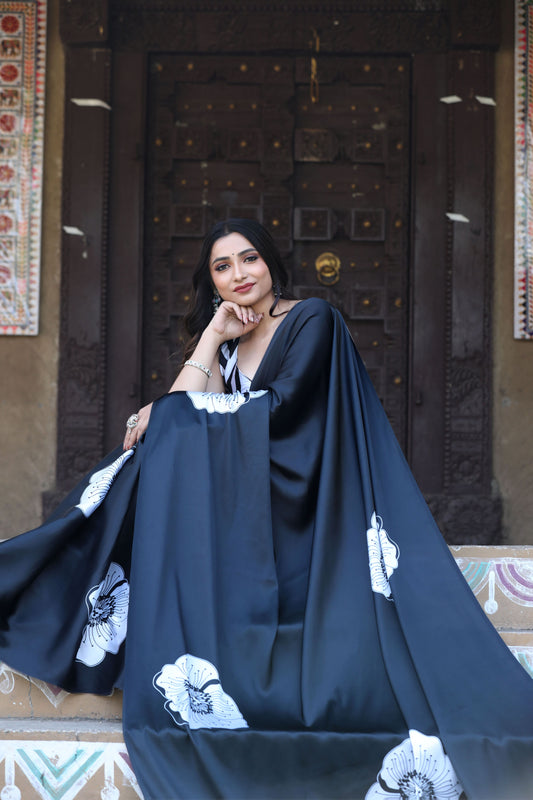 Original Japan Satin Blue Saree with Elegant Artistic Digital Print