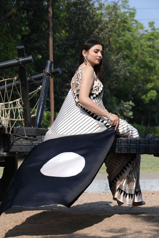 Chic Cream & Black Geometric Saree Japan Satin with Digital Print