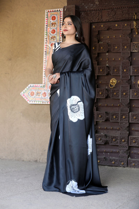 Original Japan Satin Blue Saree with Elegant Artistic Digital Print