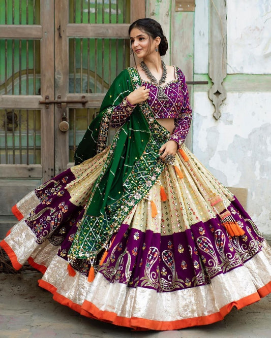Designer Muslin Cotton Lehenga Choli Set Wine & Deep Green | Digital Print, Real Mirror Work