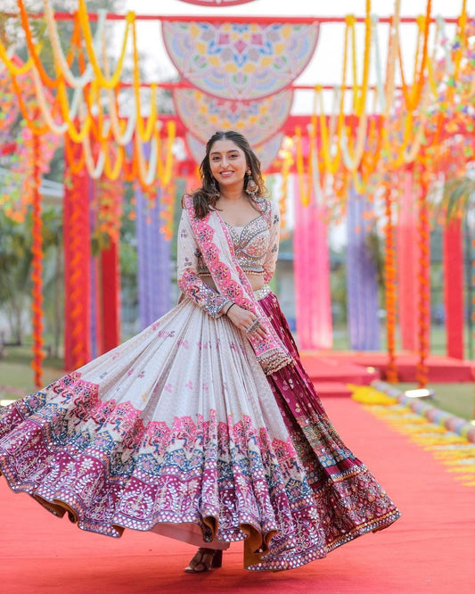 Designer Butter Silk Lehenga Choli Set Pink Multi | Digital Print, Real Mirror Work