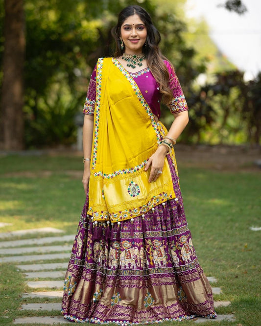 Designer Chinon Silk Lehenga Choli Set Navy & Teal | Digital Print, Real Mirror Work (Copy)Designer Chinon Silk Lehenga Choli Set Purple & Yellow | Digital Print, Real Mirror Work