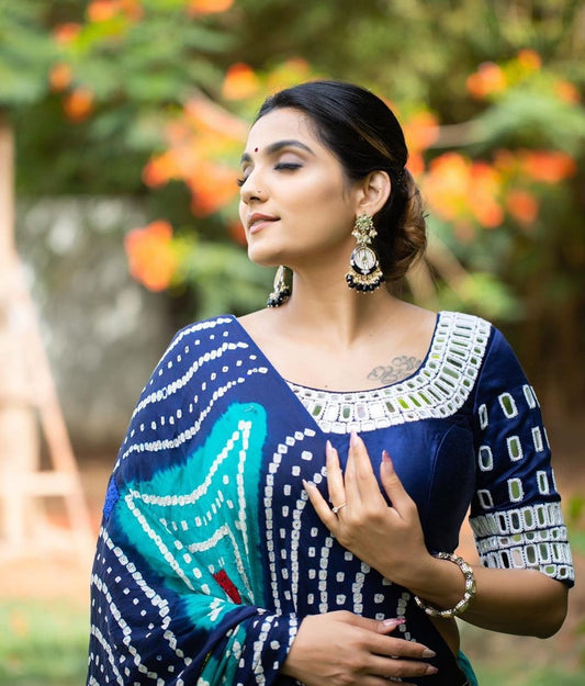 Designer Chinon Silk Lehenga Choli Set Navy & Teal | Digital Print, Real Mirror Work