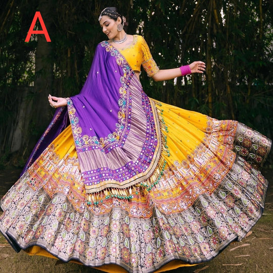 Designer Chinon Silk Lehenga Choli Set Yellow & Purple | Digital Print, Real Mirror Work