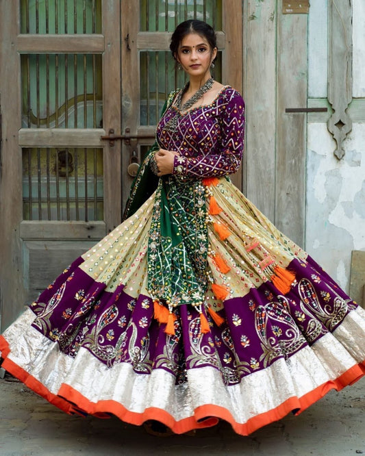 Designer Muslin Cotton Lehenga Choli Set Wine & Deep Green | Digital Print, Real Mirror Work