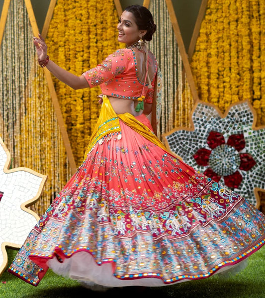 Designer Chinon Silk Lehenga Choli Set Peach & Yellow | Digital Print, Real Mirror Work