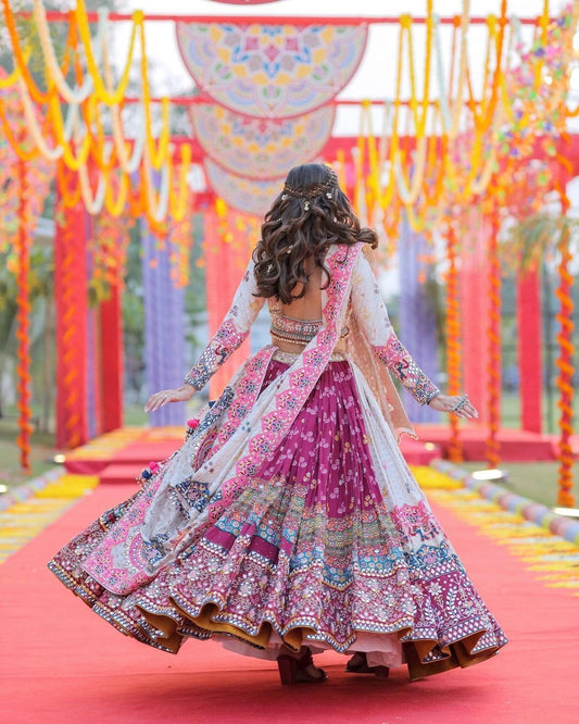 Designer Butter Silk Lehenga Choli Set Pink Multi | Digital Print, Real Mirror Work