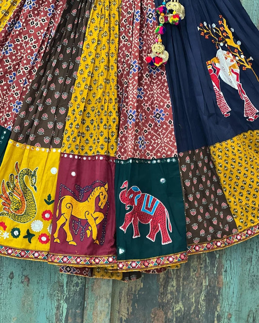 Designer Butter Silk Lehenga Choli Set Patchwork Multi | Digital Print, Real Mirror Work