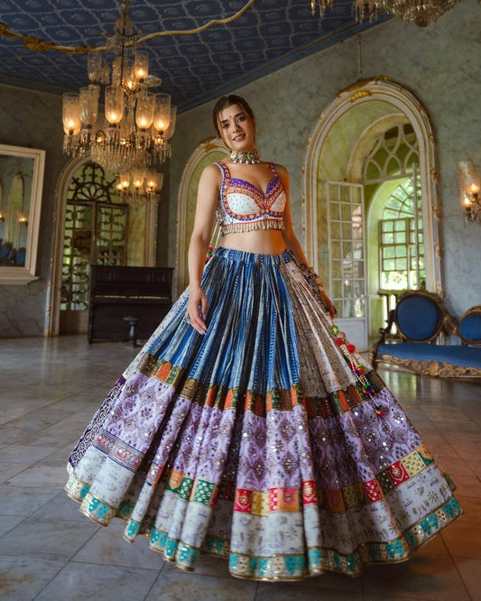 Designer Butter Silk Lehenga Choli Set Blue Multi | Digital Print, Real Mirror Work