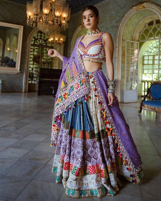 Designer Butter Silk Lehenga Choli Set Blue Multi | Digital Print, Real Mirror Work