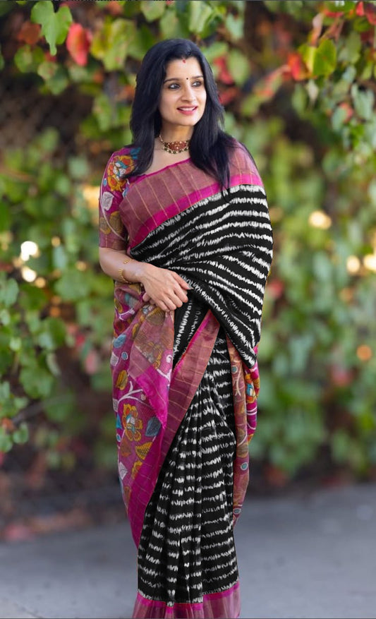Premium Linen Saree with Gold Jari Border & Artistic Digital Print