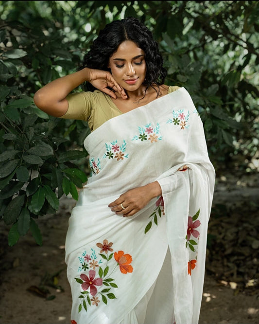 Premium Linen White Saree with Fresh Floral Digital Print