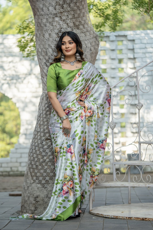 Original Japan Satin Olive Green Saree with Elegant Digital Floral Print