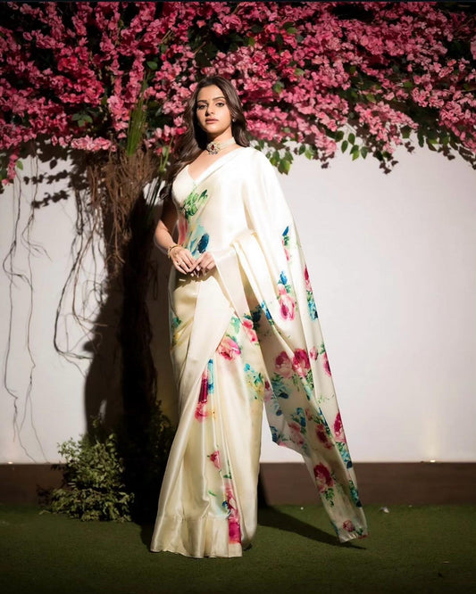 Original Japan Satin White Saree with Elegant White Flower Digital Print