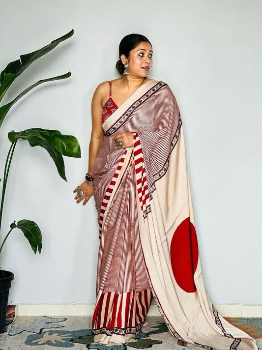 Original Japan Satin White-Red Saree with Designer Abstract Print