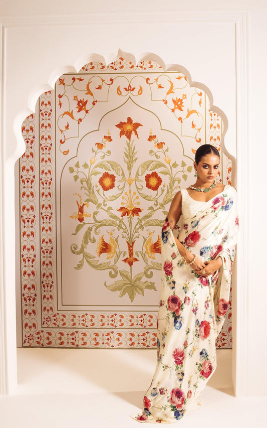Original Japan Satin White Saree with Elegant White Flower Digital Print
