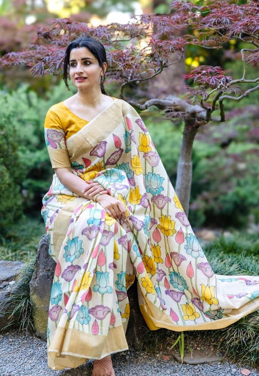Premium Linen Saree in White & Yellow with Gold Jari Border & Artistic Digital Print