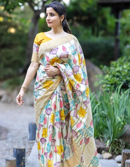Premium Linen Saree in White & Yellow with Gold Jari Border & Artistic Digital Print