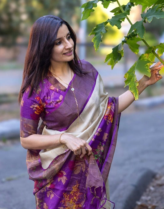 Premium Linen Purple Saree with Gold Jari Border & Artistic Digital Print