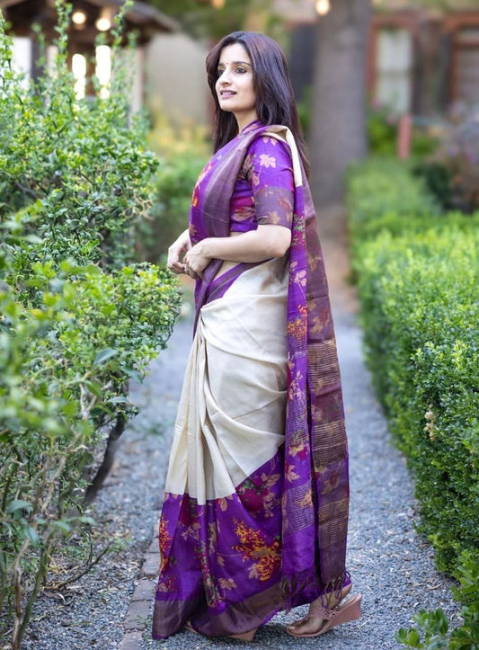 Premium Linen Purple Saree with Gold Jari Border & Artistic Digital Print