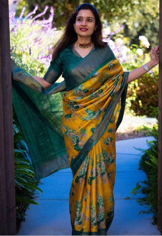 Premium Linen Purple Saree with Gold Jari Border & Artistic Digital Print