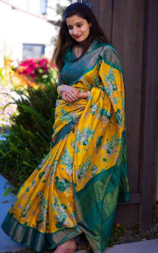 Premium Linen Purple Saree with Gold Jari Border & Artistic Digital Print