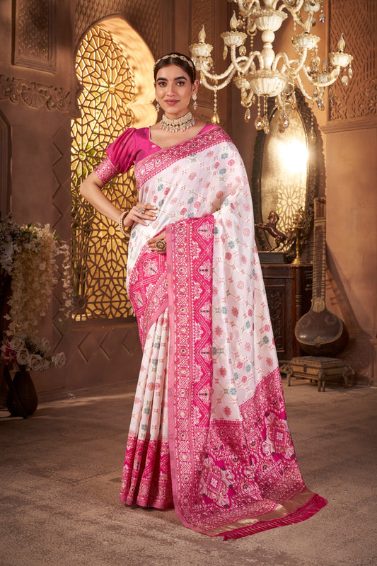 Elegant White & Rani Pink Banarasi Cotton Saree