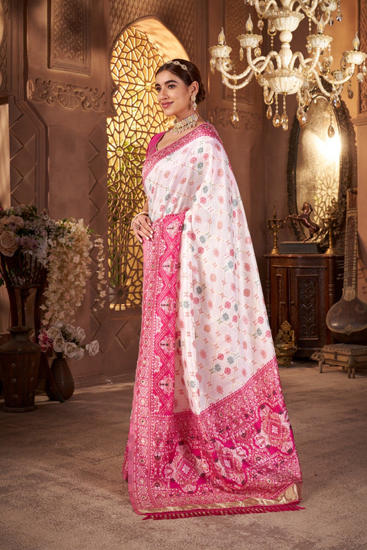 Elegant White & Rani Pink Banarasi Cotton Saree