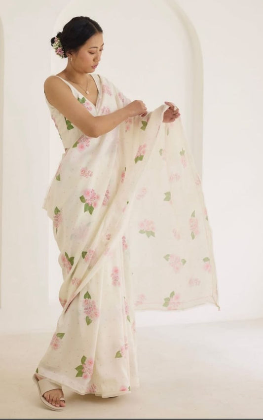 Premium Linen White Flower Saree with Artistic Digital Print