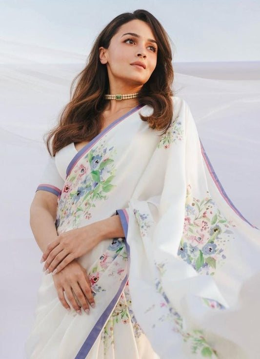 Original Japan Satin White Saree with Elegant Digital Floral Print
