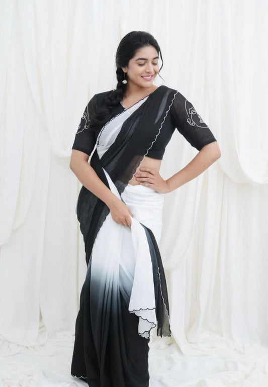 Premium Linen Saree in Black & White with Artistic Digital Print & Cutwork Border