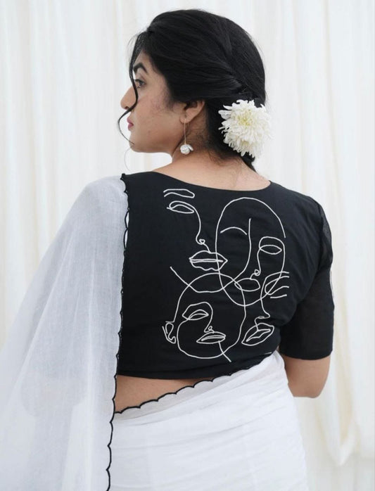 Premium Linen Saree in Black & White with Artistic Digital Print & Cutwork Border