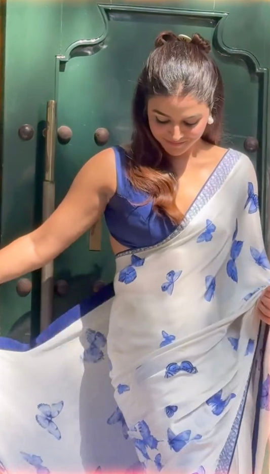 Original Japan Satin White Saree with Blue Butterfly Digital Print