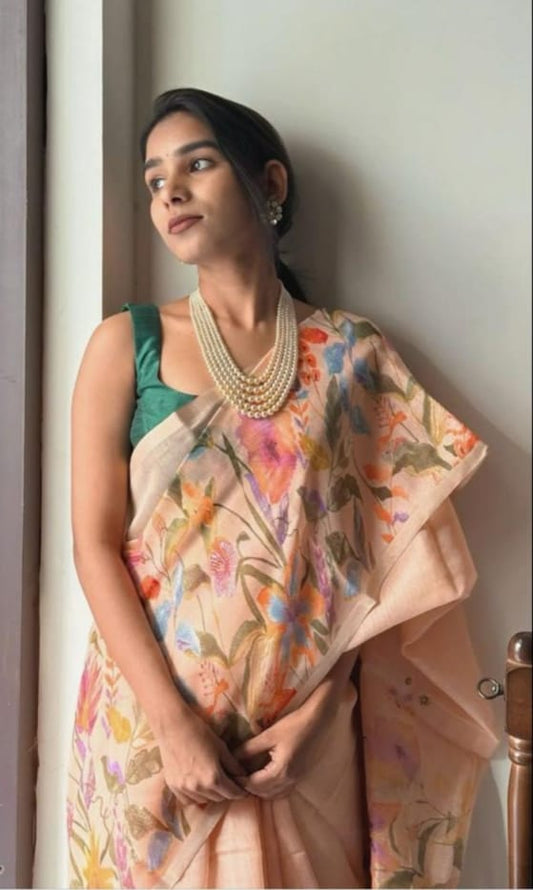 Premium Linen Orange Flower Saree with Artistic Digital Print