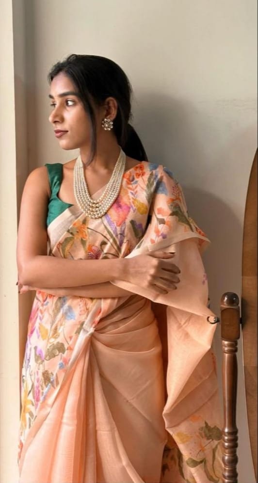 Premium Linen Orange Flower Saree with Artistic Digital Print