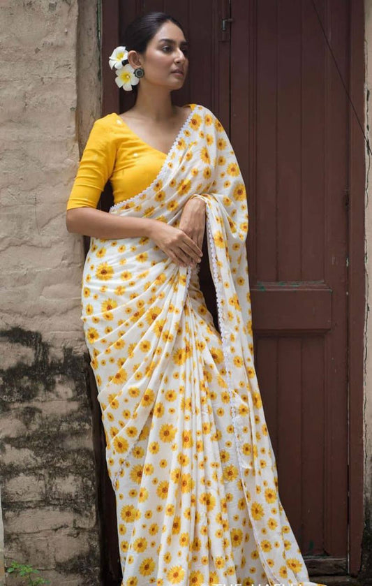 Premium Linen Saree with Sunflower Digital Print and Lace Border β Yellow