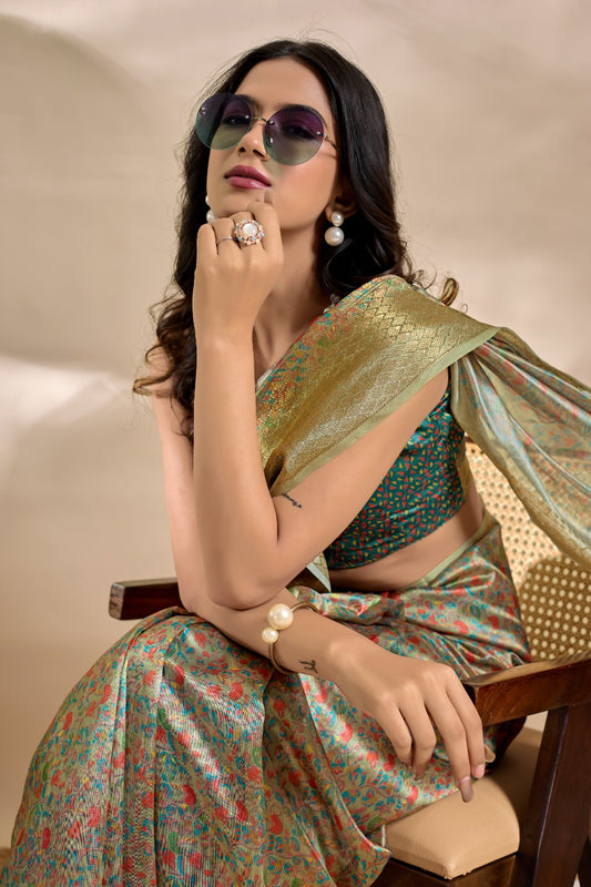 Olive Green Soft Silk Blend Saree with Teal and Copper Traditional Pallu