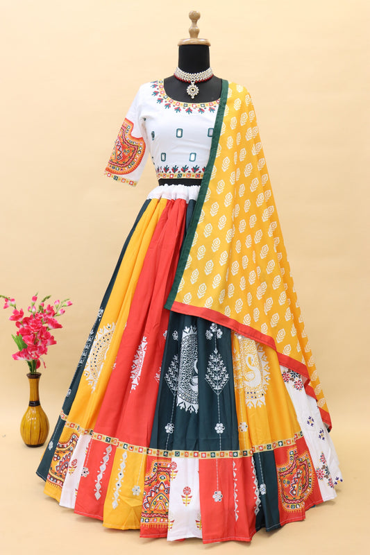 Designer Butter Silk Lehenga Choli Set Multicolor Patchwork | Digital Print, Real Mirror Work
