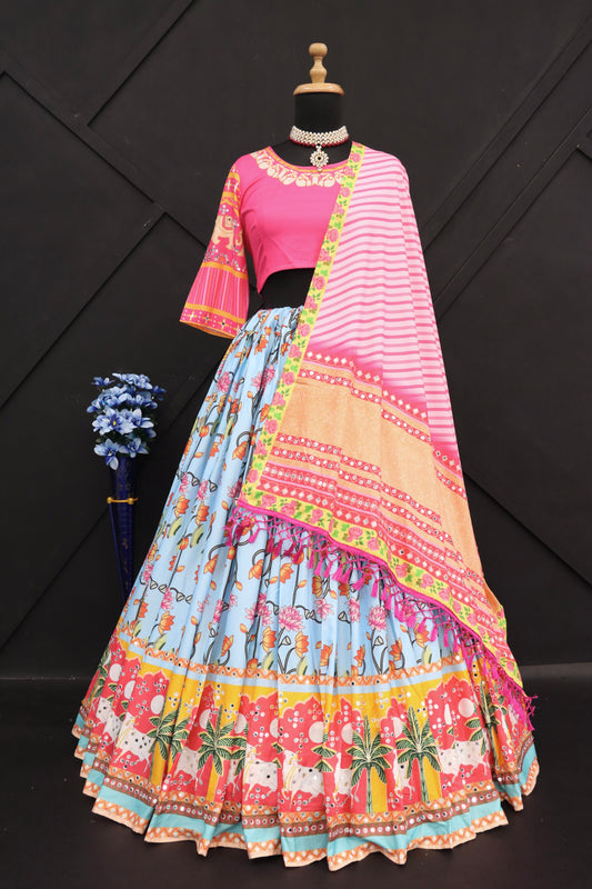 Designer Butter Silk Lehenga Choli Set Pink Multi | Digital Print, Real Mirror Work