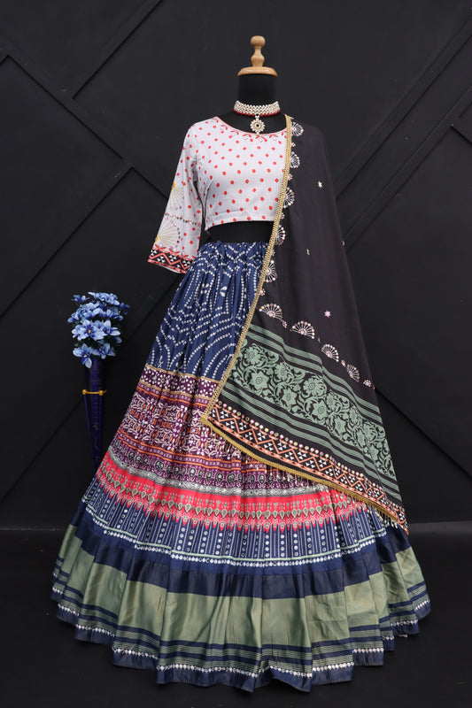 Designer Butter Silk Lehenga Choli Set Black Multi | Digital Print & Real Mirror Work | Dupatta 2.10 m .