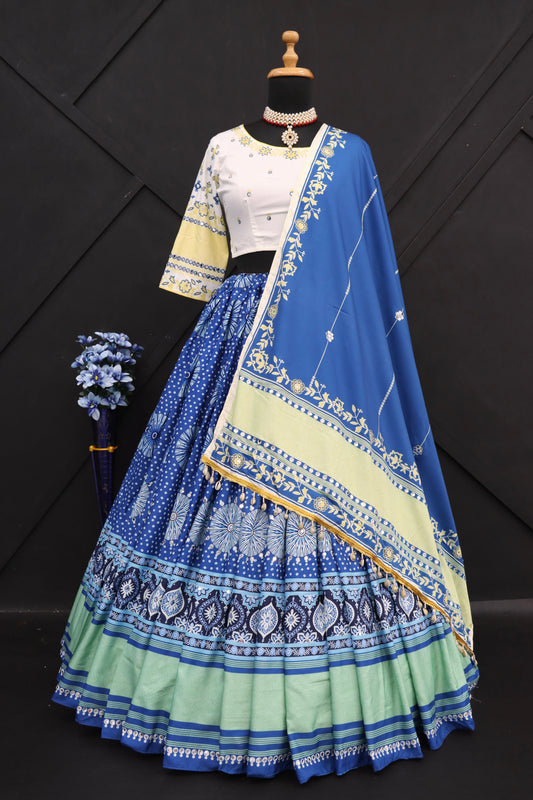 Designer Butter Silk Lehenga Choli Set Navy Multi | Digital Print, Real Mirror Work