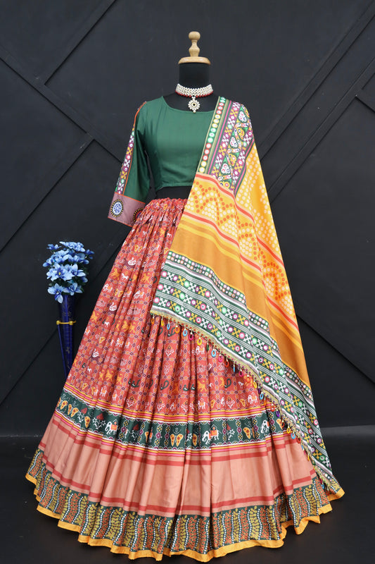 Designer Butter Silk Lehenga Choli Set Black Olive | Digital Print, Real Mirror Work (Copy)