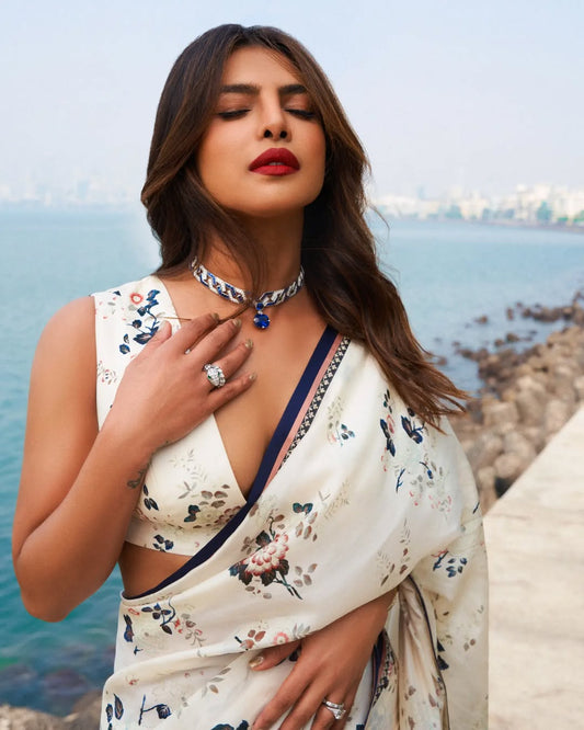 Japan Satin White Saree with Elegant Digital Floral Print