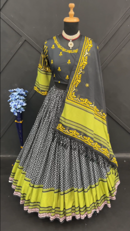 Designer Butter Silk Lehenga Choli Set Black Olive | Digital Print, Real Mirror Work