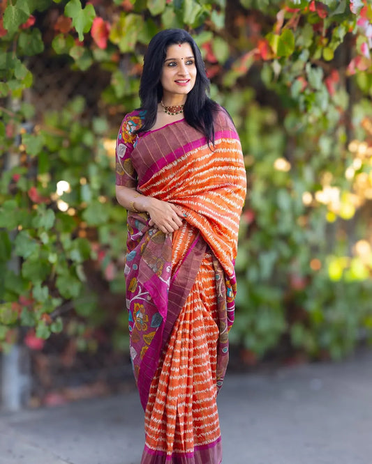 Premium Linen Saree with Gold Jari Border & Artistic Digital Print