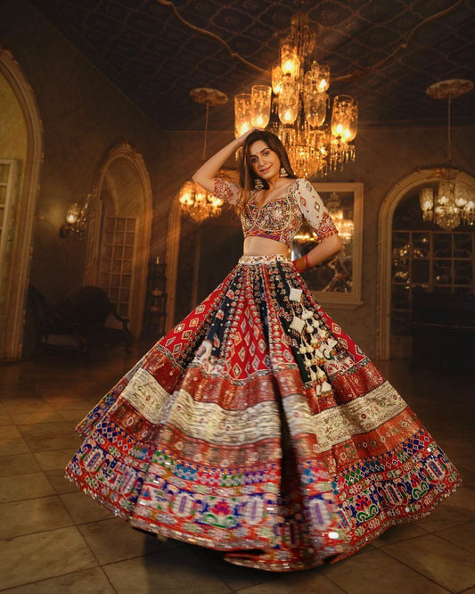 Designer Butter Silk Lehenga Choli Set Black Red Multi | Digital Print, Real Mirror Work