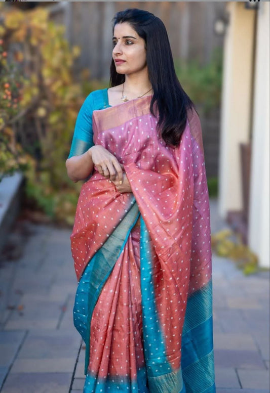 Graceful Linen Saree with Gold Zari Border & Digital Print
