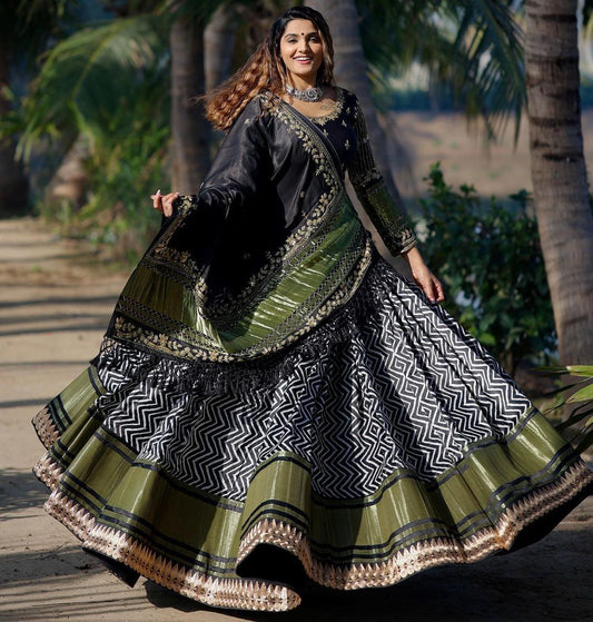 Designer Butter Silk Lehenga Choli Set Black Olive | Digital Print, Real Mirror Work