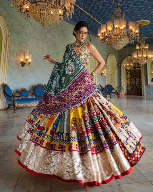 Designer Butter Silk Lehenga Choli Set Green Multi | Digital Print, Real Mirror Work, Silver Gota